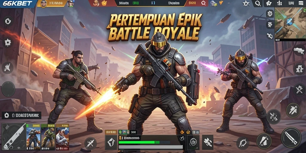 Screenshot utama 66KBET menampilkan aksi pertempuran seru di arena Battle Royale.
