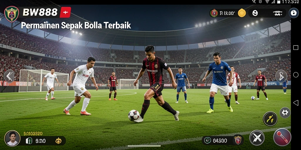 Tampilan gameplay BW888 dengan pemain dan tim sepak bola.