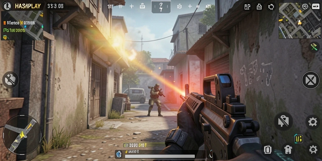 Tangkapan layar HASHPLAY menampilkan pertempuran FPS yang intens dan mendebarkan.