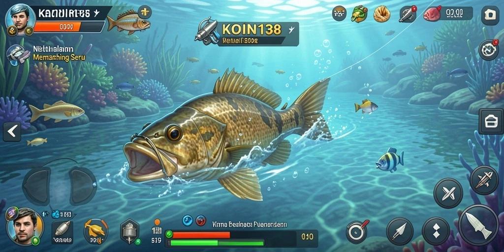 Screenshot utama menunjukkan pemain menangkap ikan dengan latar belakang laut yang indah.